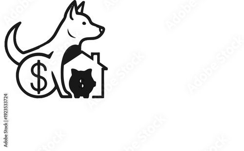 A dog sits with a dollar coin and a house containing a piggy bank