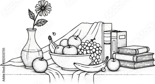 A still life illustration of fruit, a flower, and books in a decorative style