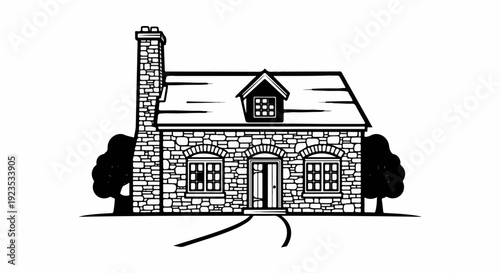 A stone cottage with a tall chimney, dormer window, and two trees