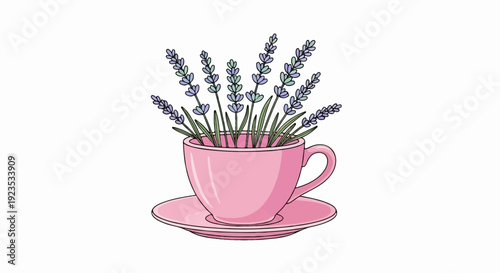 A pink teacup and saucer overflows with delicate lavender sprigs
