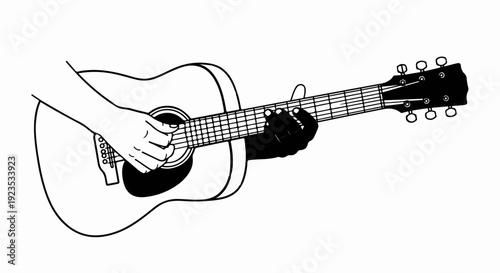 A close-up illustration of hands playing an acoustic guitar, focusing on fretboard