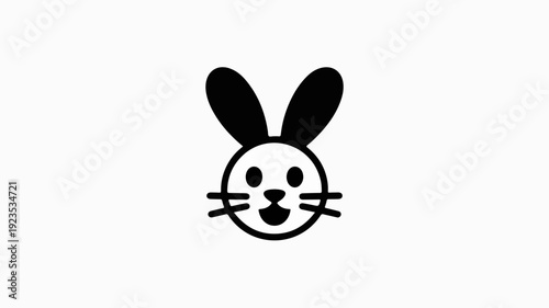 Simple black cartoon bunny face with ears and whiskers on white background cute animal icon