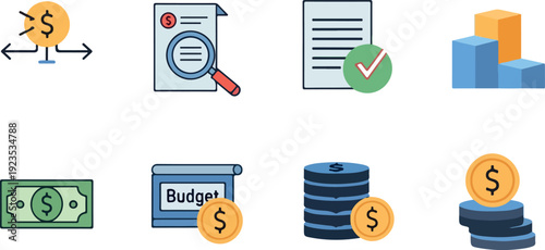 Financial icons with money symbols and bank elements on white background