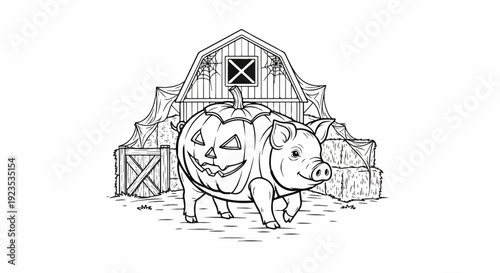 A pig wears a carved pumpkin as a costume in front of a spooky barn