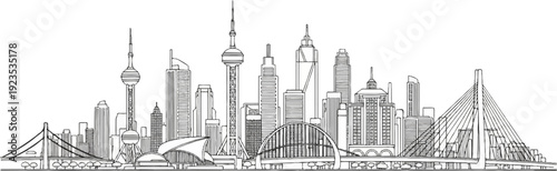 A line art sketch of a modern city skyline with bridges and tall buildings