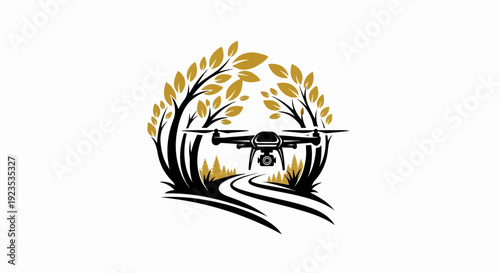 A drone hovers over a winding path through a stylized forest and trees