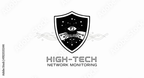 A stylized shield emblem with an eye, circuitry, and text