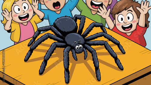 Children react to large black spider on table with surprise and fear