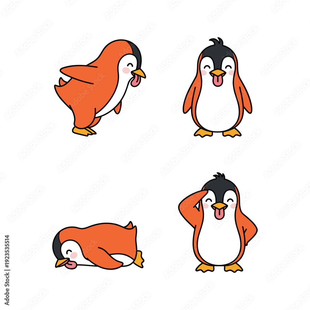 Fototapeta premium Cartoon penguins showing different emotions and poses on white background