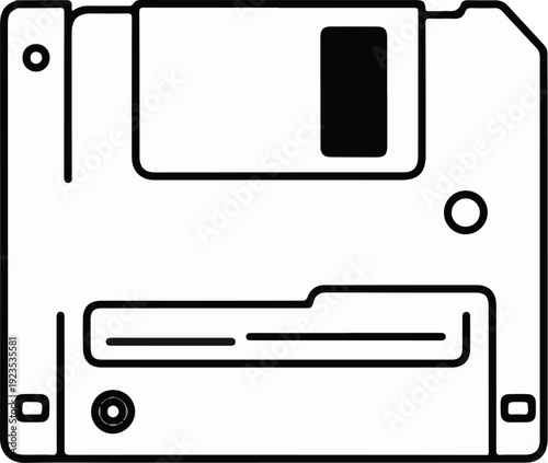 A simple line drawing of a floppy disk with a black rectangle in the upper section