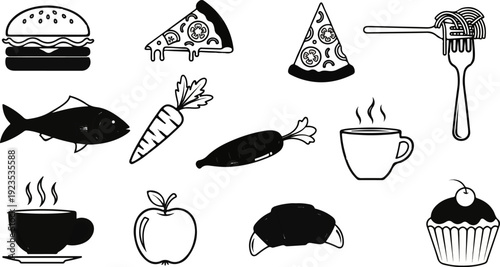 A collage of hand-drawn food items including a burger, pizza, spaghetti, fish, carrots, coffee, apple, croissant, cupcake