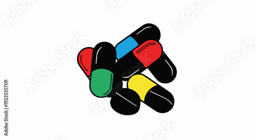 A collection of colorful, black-outlined capsules on a white background