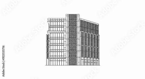 A line drawing of a multi-story building with contrasting facade textures