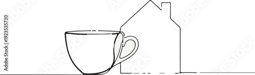 A simple line drawing of a coffee cup in front of a house silhouette