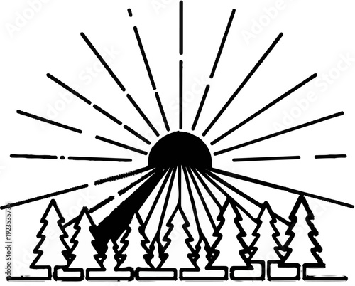 A stylized sun rises over a line of simple pine trees, casting rays