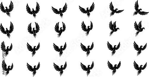 A collection of black silhouette bird icons in various flight poses