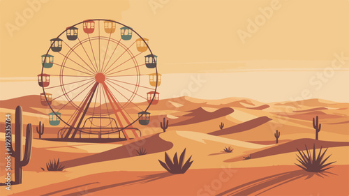 Abandoned desert ferris wheel with cacti and sand dunes at sunset a surreal deserted landscape