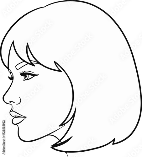 A simple line drawing captures the profile of a woman's face with short hair