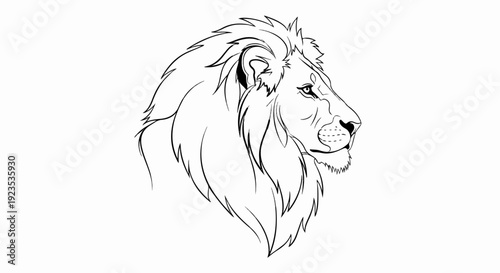A striking black and white sketch of a lion's head in profile view