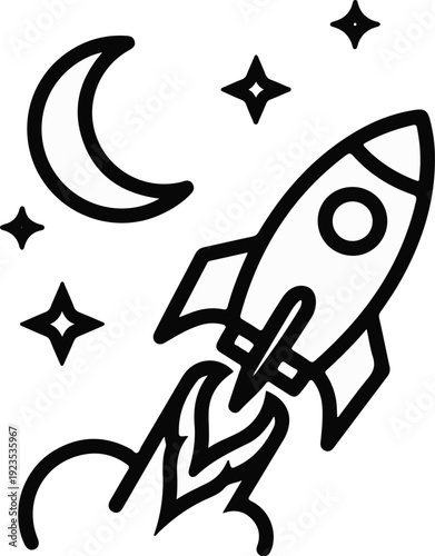 A simple line art illustration of a rocket blasting off into a starry night sky with a crescent moon
