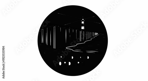 A nighttime scene in a circle featuring a lighthouse guiding ships