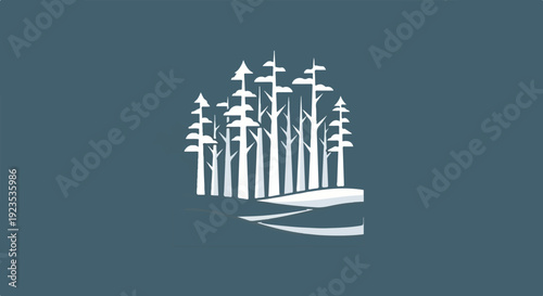 A stylized white graphic depicts a dense evergreen forest on rolling, snowy hills
