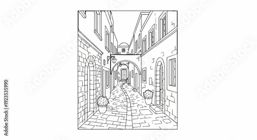 A narrow, cobblestone street lined with stone buildings and archways