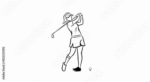 A line drawing of a woman golfer swinging her club at a golf ball