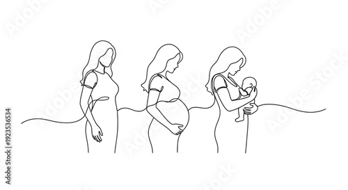 Motherhood Journey From Pregnancy To Newborn Embrace Line Art 