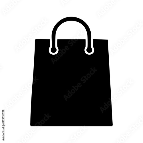 Simple black shopping bag silhouette icon with handles, representing commerce and retail, isolated on white.