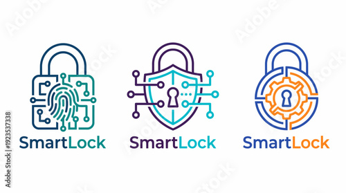 Showcasing three innovative SmartLock logos focused on security features including tech symbols, these designs embody safety and modernity for cutting-edge technology services.