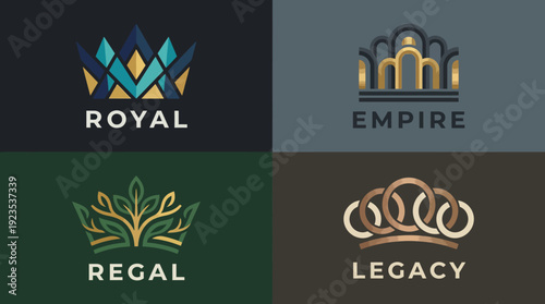 This collection features four distinct crown logos symbolizing royalty, empire, legacy, and regal elegance, designed for luxurious brand identities or upscale services.