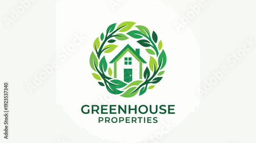 A distinctive logo featuring a house surrounded by green leaves that symbolizes growth and nature, ideal for properties focusing on eco-friendly and sustainable living.