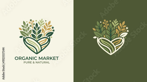 This logo combines a heart shape with leafy elements, embodying organic and natural themes, perfect for markets promoting healthy, environmentally-friendly products.