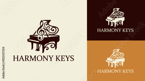 The Harmony Keys logo showcases a decorative piano and musical notes, representing the blend of creativity and musical artistry, ideal for music-related businesses.