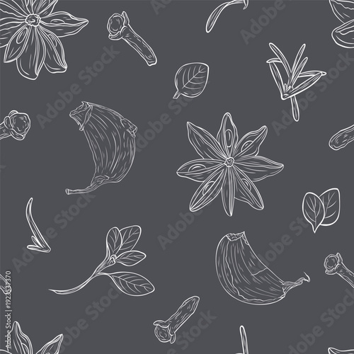 Garlic clove, star anise, dry cloves, oregano. Monochrome botanical seamless pattern drawing of fragrant herbs and spices. Graphic ink vector. Good for decoration of cooking, menu, decor, stickers