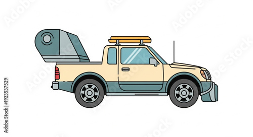 Detailed illustration of a beige pickup truck with a covered bed and accessories.