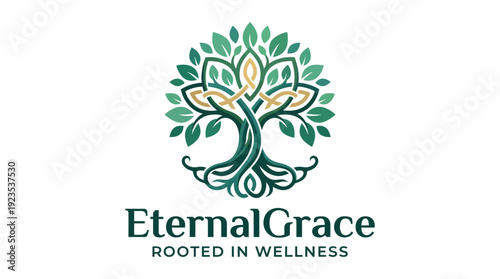 This image features a beautifully designed tree logo symbolizing wellness and balance, with intertwined roots and leaves representing growth and longevity.