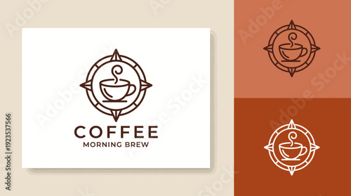 The image presents a charming coffee logo merging a compass design with a steaming cup, conveying a sense of adventure and comfort that coffee lovers find in their daily brew rituals.