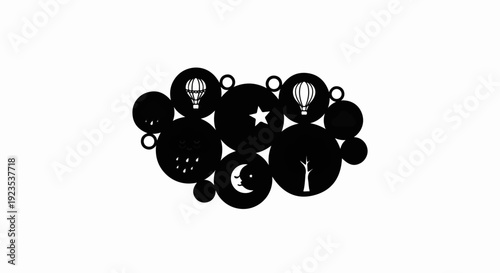 Abstract composition of circles with celestial and meteorological icons