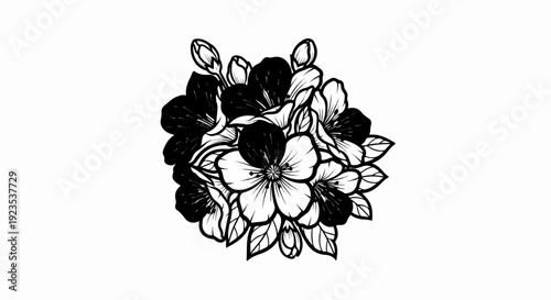 A monochromatic illustration of a cluster of stylized flowers and buds