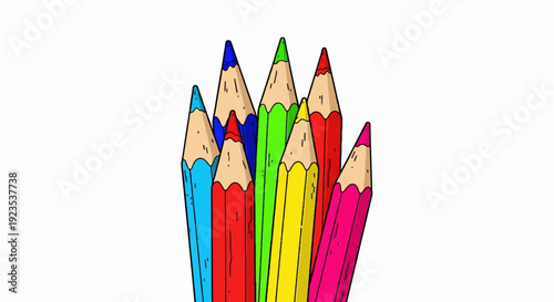 A collection of sharpened colored pencils arranged in a fan-like shape