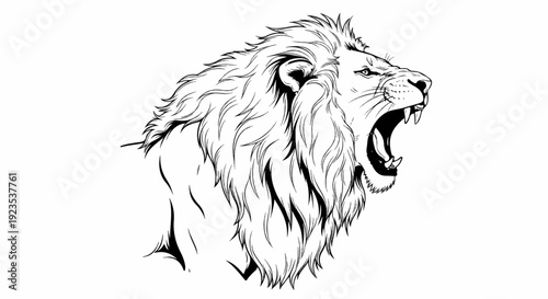 A fierce lion's head roars, showcasing its mane and fangs in monochrome