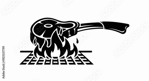 A thick cut of meat with a bone is grilled over flames on a grate