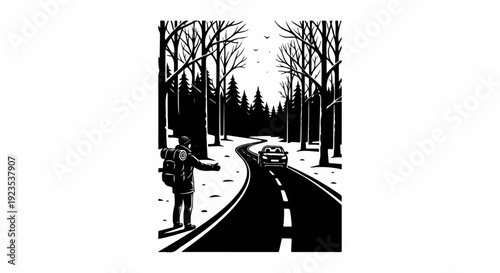A lone traveler with a backpack on a snowy road in a forest