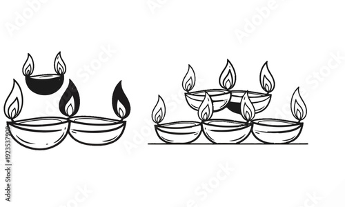 A collection of simple, hand-drawn clay lamps with flames burning brightly