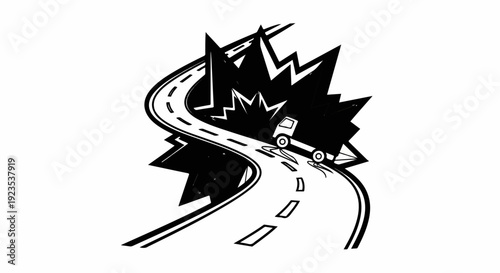 A truck navigates a winding road with a dramatic, jagged black background