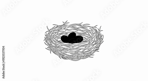 A twig nest holds three dark, oval eggs, symbolizing new life and nature