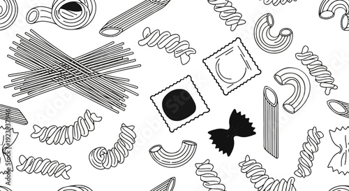 A variety of different pasta shapes and styles are depicted in a black and white illustration