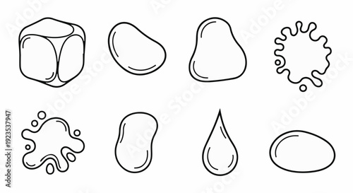 A collection of simple outline shapes including a cube, blobs, splatters, and a teardrop